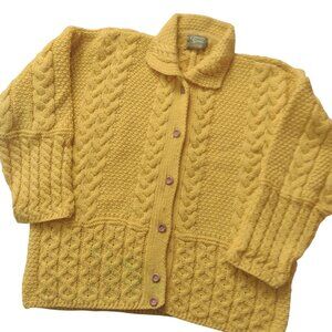 Vtg Fisherman Cable Knit Sweater XL Yellow Womens Heavy Cardigan Country Scene
